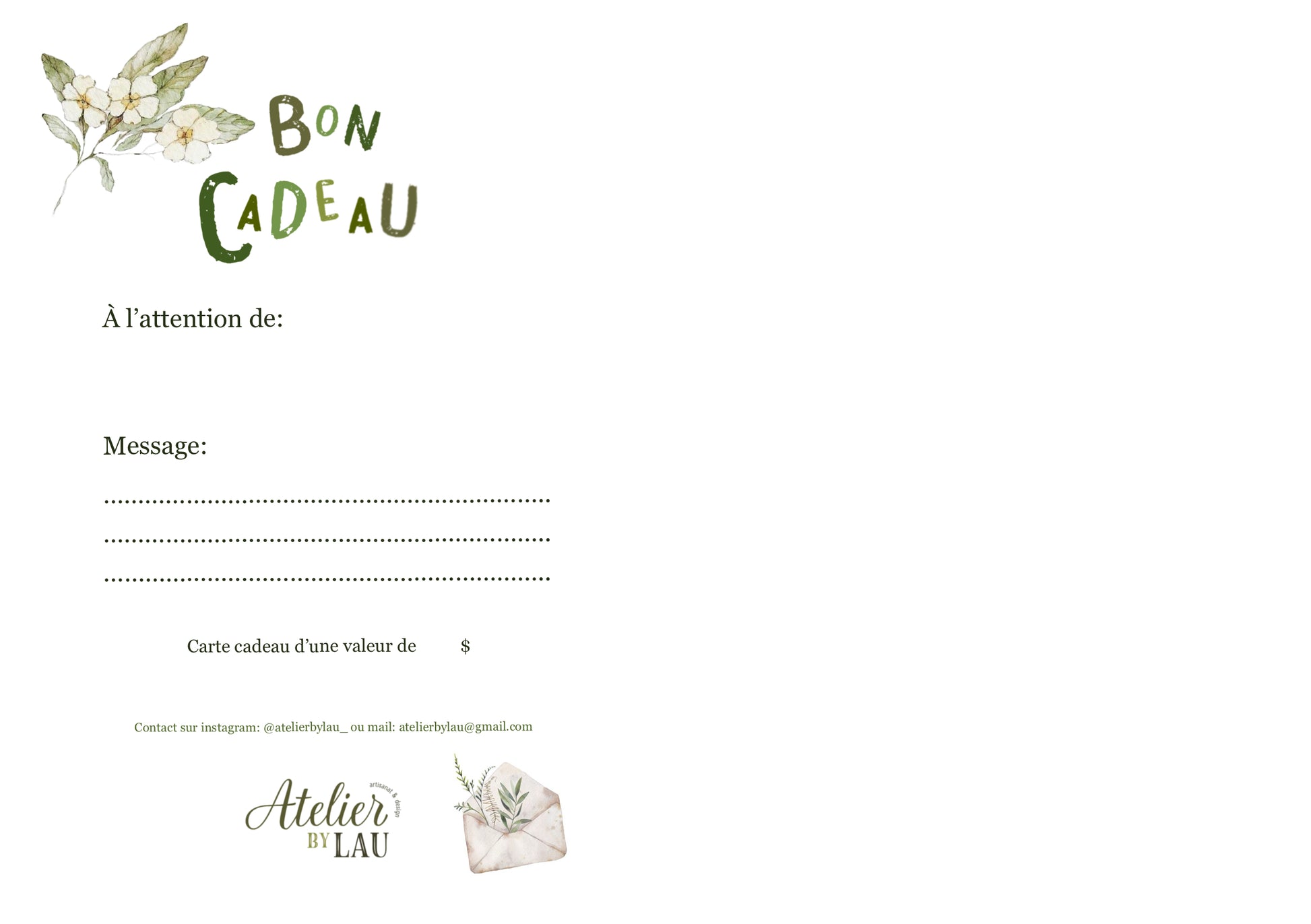 Fichier PDF prêt à imprimer, comprenant une carte cadeau à découper, ainsi qu'un espace pour ajouter un message personnalisé.