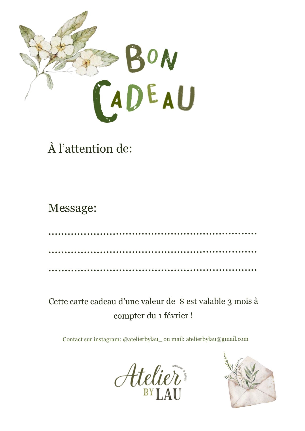 Carte cadeau 50$, 100$ et 150$ pour le plaisir d'offrir sans contrainte avec un message à l'attention de la personne souhaitée